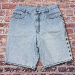 Vtg 90s Bugle Boy Blue Denim Shorts 34W Light Wash Side Stripe 100% Cotton Y2K
